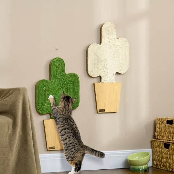 Kattenkrabplank set van 2 - Cactusdesign | Kleur: Eiken+Wit+Groen
