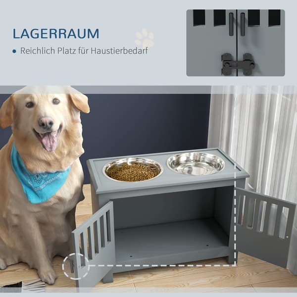 Foderstation til store hunde med 2 skåle i rustfrit stål | Farve: Grå | Mål: 60x35,5x30 cm