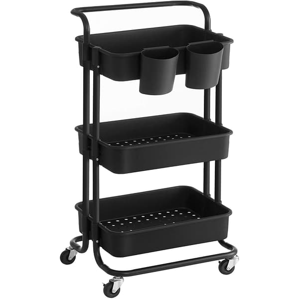 Köksvagn serveringsvagn, 3 plan, 2 bromsar, plastförvaringsfack, svart