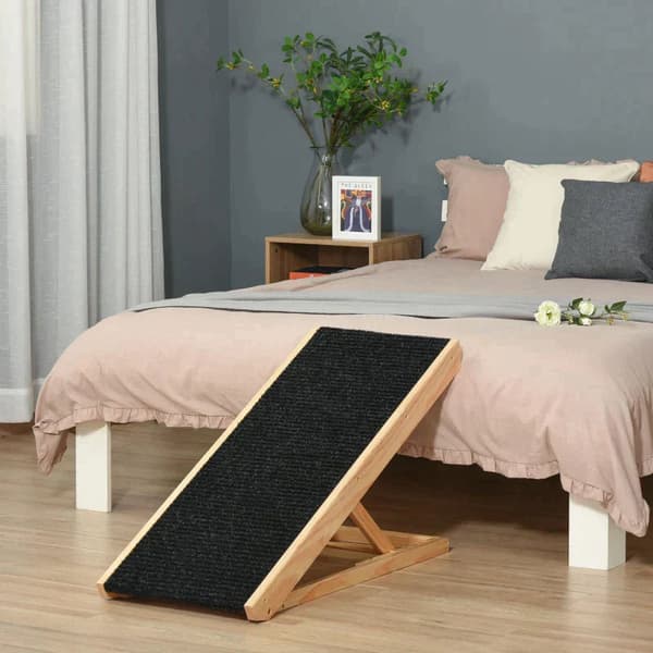 Justerbar hunderampe | Farve: Sort+naturtræ | Mål: 90x40x61 cm