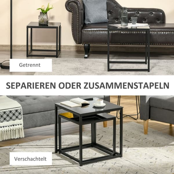 Sæt med 2 sideborde - Stabelbare glasborde | Farve: Sort | Mål: 50x50x52 cm