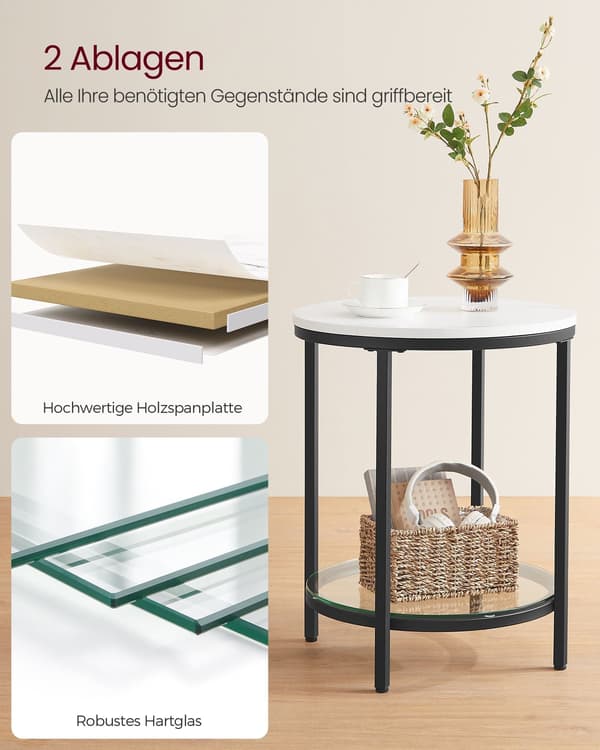 Sidebord marmorlook - stålstel - spånplade - hærdet glas - 45 x 55 cm