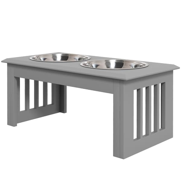 Hundefoderstation med dobbelte skåle i rustfrit stål | Farve: Grå/Sølv | Mål: 30,5x58,4x25,4 cm
