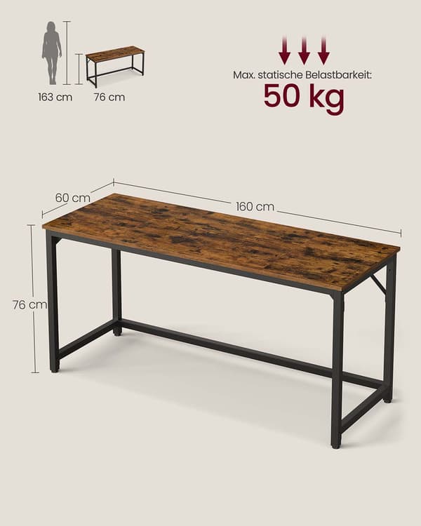Rustikt skrivebord - brun/sort - spånplade - stål - 60 x 160 x 76 cm
