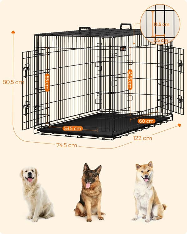 Sammenfoldeligt hundebur med 2 døre - robust jerntråd - sort - 122 x 74,5 x 80,5 cm