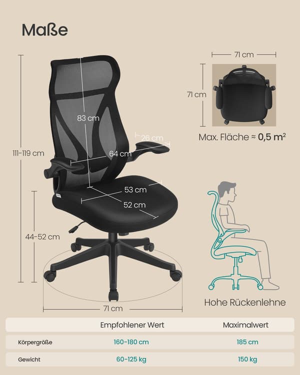 Ergonomisk kontorstol - drejelig - 60 x 55 x 85 cm