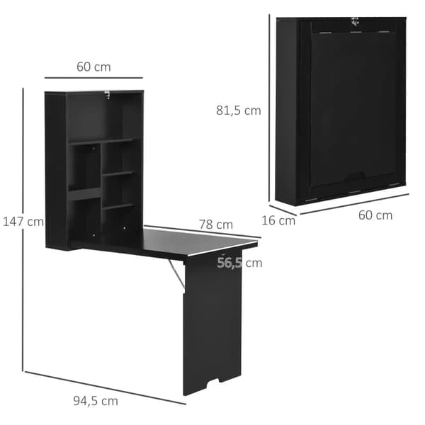 Foldevægbord med 5 rum | Farve: Sort | Mål: 60x94,5x147 cm
