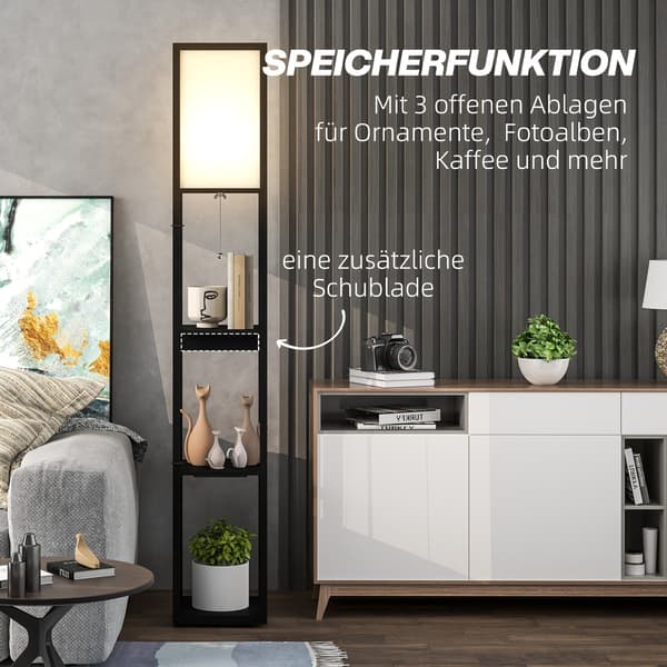 Gulvlampe med 3 hylder, skuffe og USB-porte | Farve: Sort