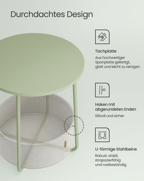 Sidebord 3-delt med stofkurv - spånplade stål polyester - 45 cm