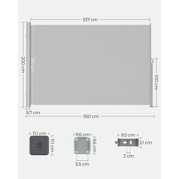 Udtrækbart sidemarkise 200 x 350 cm - stål, polyester - lysegrå