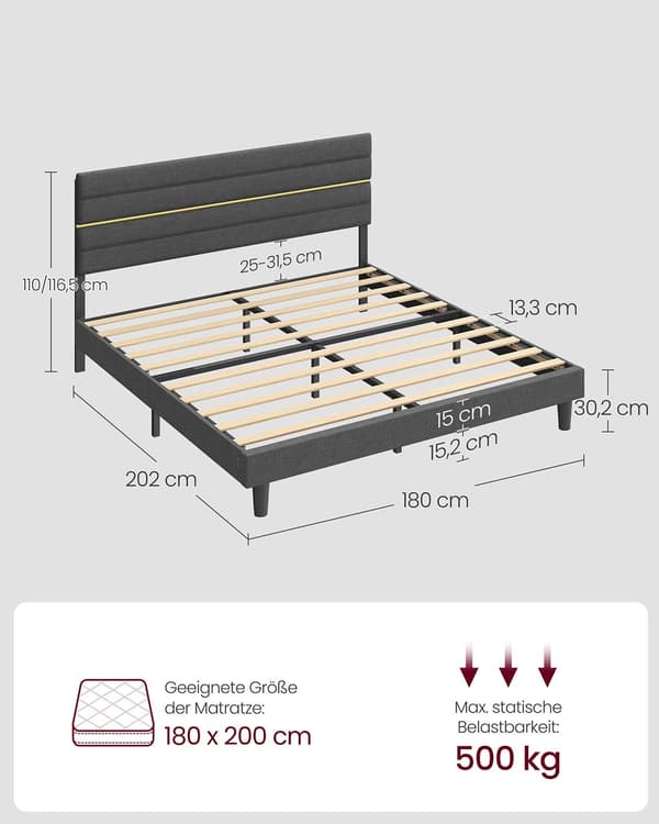 Sängynrunko verhoilulla - harmaa teräs - 202 x 180 cm