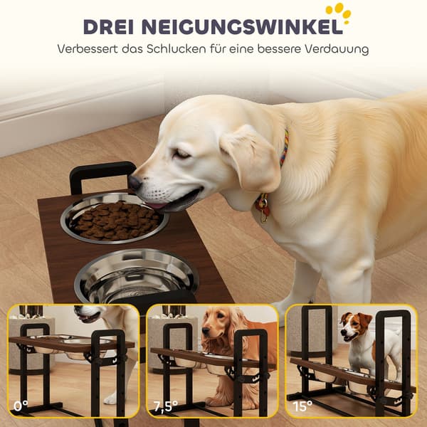 Justerbar hundefoderstand med 2 skåle i rustfrit stål | Farve: Brun, Sort | Mål: 26x48x36,5 cm