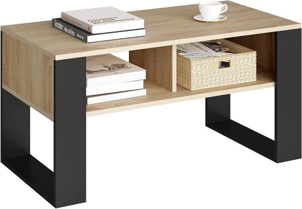 Sofabord, sidebord med 2 åbne rum | Hell eg + sort | 90x45x45 cm