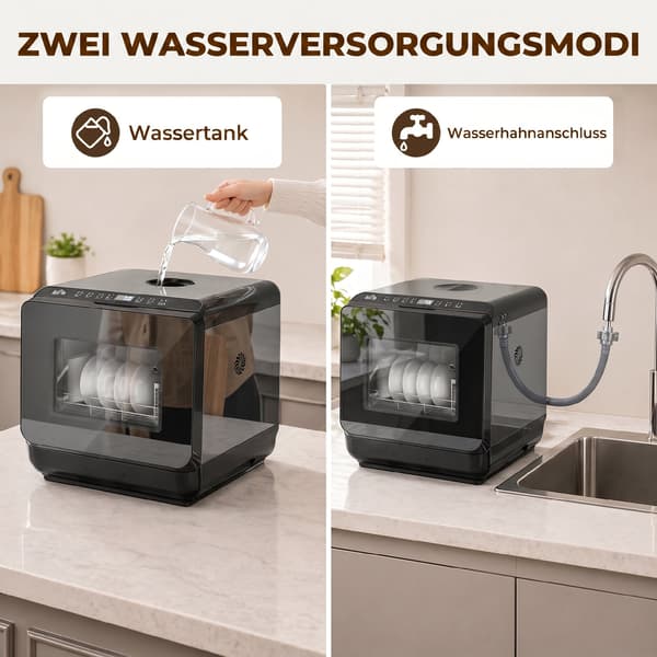 Mini opvaskemaskine, 6L tank, 5 programmer | Farve: Sort | Mål: 44x45x45,8 cm