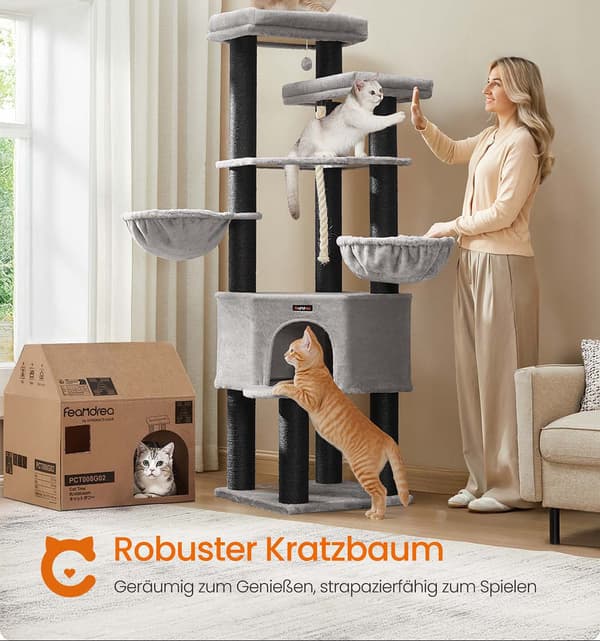 Stor kradsestolpe til katte - kattetræ, FSC, grå/sort - 55 x 55 x 186,7 cm