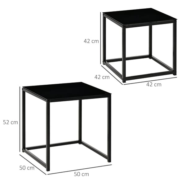 Sæt med 2 sideborde - Stabelbare glasborde | Farve: Sort | Mål: 50x50x52 cm