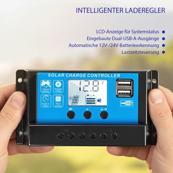 100W bærbart solpanel 18V med USB og LCD | Farve: Sort | Mål: 58x98,5x2,2 cm