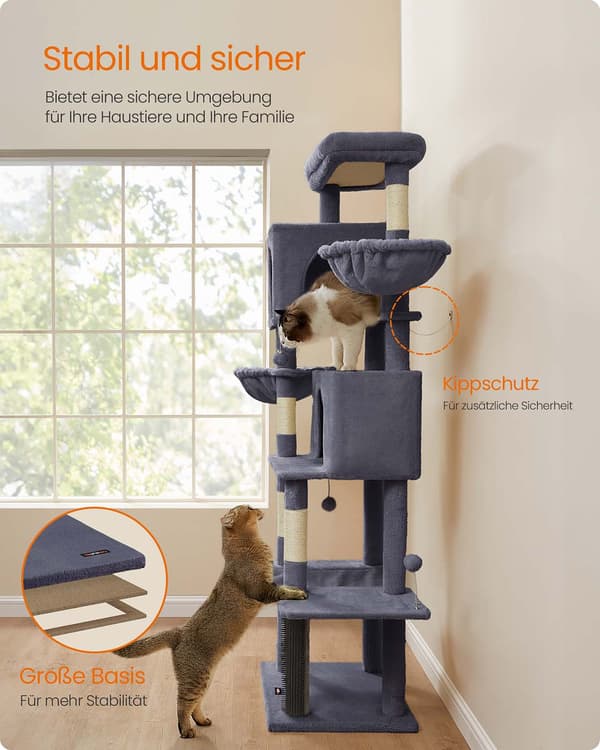Kattskrapstolpe - Katttorn - 2 hus - 190,7 cm - Grå