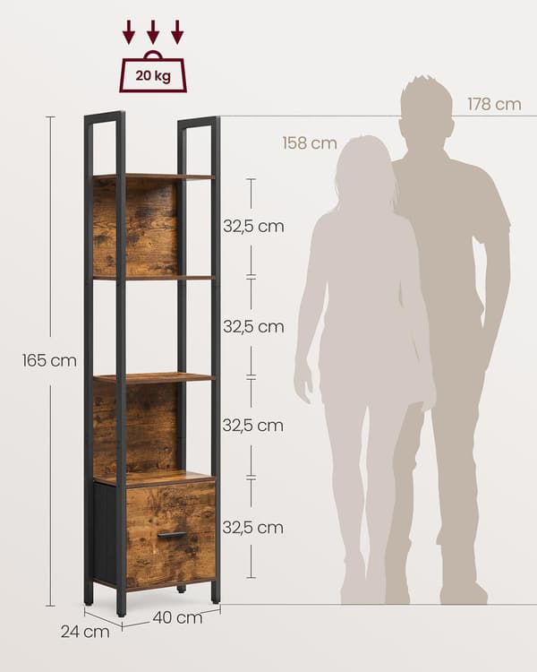 Brun-sort reol 5 plan træ 24x40x165 cm