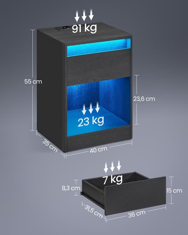 Sengebord med fatninger - MDF/spånplade - 35x40x55 cm - ask sort