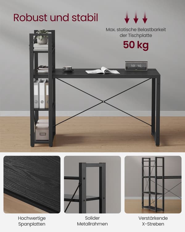 Computerbord med hylder - sort - spånplade og stål - 56 x 137 x 120 cm - nem montering