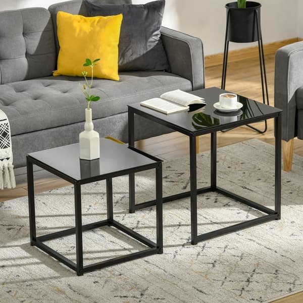 Sæt med 2 sideborde - Stabelbare glasborde | Farve: Sort | Mål: 50x50x52 cm