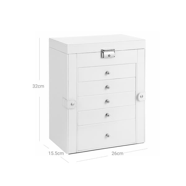 Vit smyckeskrin - Organizer - MDF - Sammetsfoder - Stor spegel - 26 x 15,5 x 32 cm
