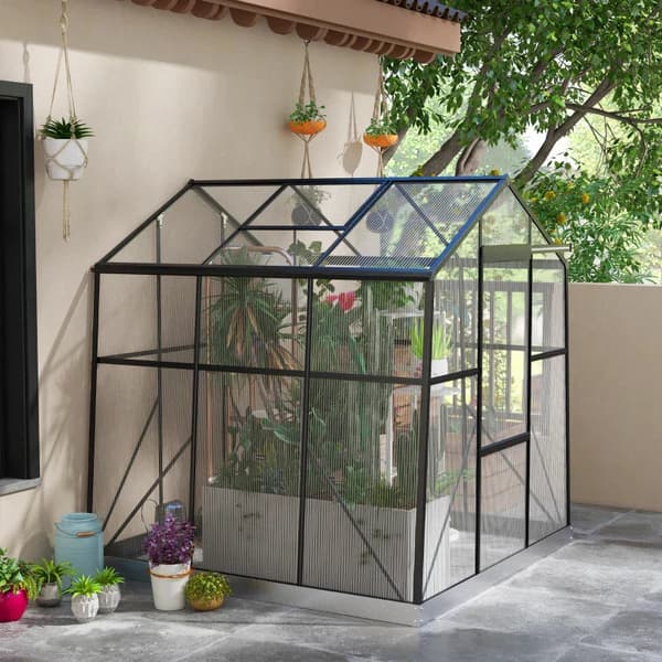 Polycarbonat drivhus med skydedør og ovenlys | Farve: Sort | Mål: 192x192x204 cm