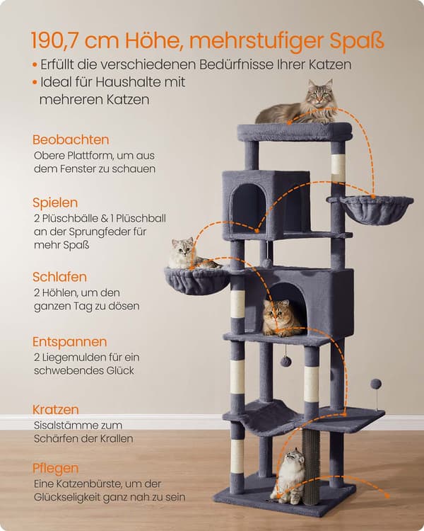Kattskrapstolpe - Katttorn - 2 hus - 190,7 cm - Grå