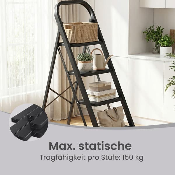 4-trins foldestige med foldebeskyttelse | Sort | 45x89x127 cm