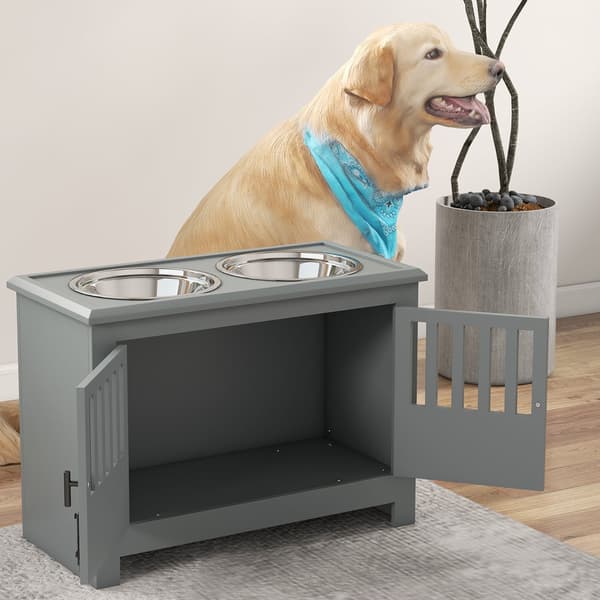 Foderstation til store hunde med 2 skåle i rustfrit stål | Farve: Grå | Mål: 60x35,5x30 cm