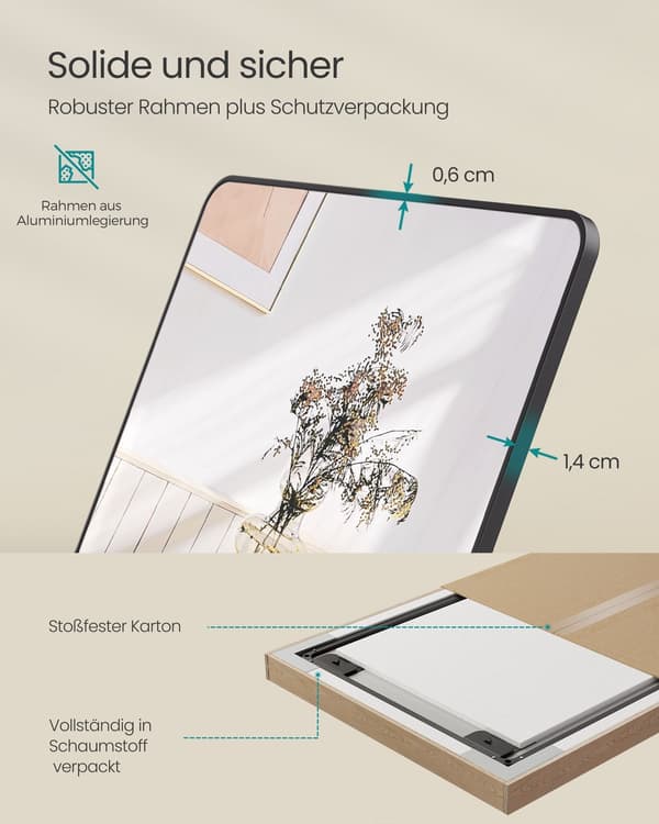 Stående hellängdsspegel - Rektangulär - Bläcksvart - Härdat glas - 160 x 50 cm