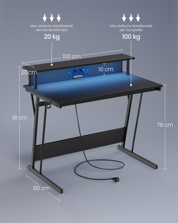 Computerbord med skærmstativ - spånplade og stål - 60 x 120 x 76 cm - sort