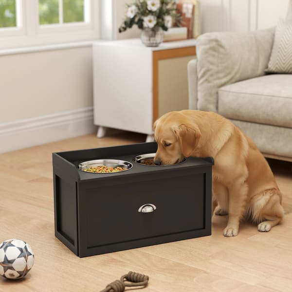 Foderstation til store hunde med 2 skåle og skuffe i rustfrit stål | Farve: Sort | Mål: 60x30x36 cm