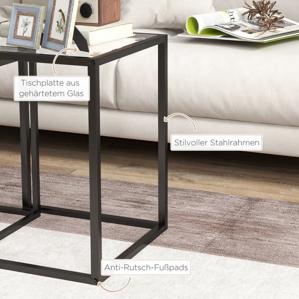Sæt med 2 stabelbare sorte sideborde med stålben | Farve: Sort | Mål: 42x42x51 cm