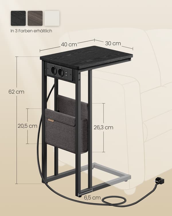 Sort sidebord - natbord - spånplade - stålstel - 30 x 40 x 62 cm