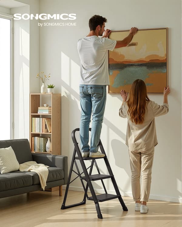 Foldestige med 3 trin og foldebeskyttelse | Sort | 43x67x98 cm