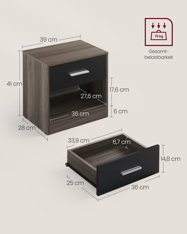 Spånplade sidebord - rødbrun blæk sort - sengebord - robust - 28 x 39 x 41 cm