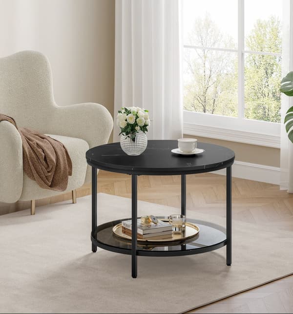 Sofabord 2 plan - Glas - Marmor look - Sort-grå - 65 x 46 cm
