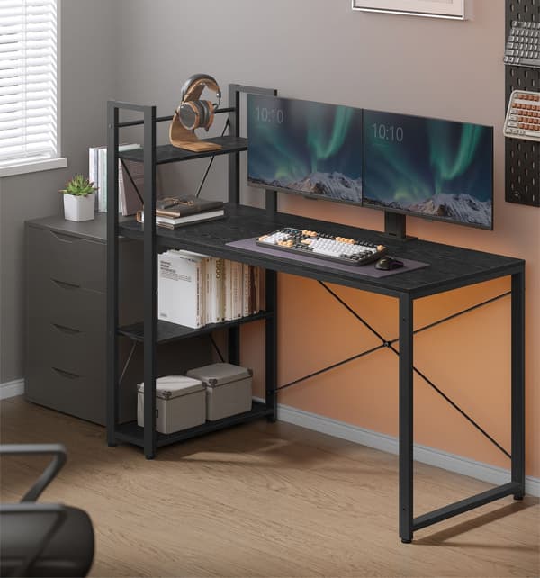 Computerbord med hylder - sort - spånplade og stål - 56 x 137 x 120 cm - nem montering