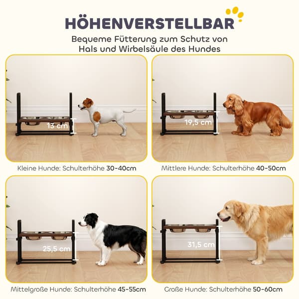 Justerbar hundefoderstand med 2 skåle i rustfrit stål | Farve: Brun, Sort | Mål: 26x48x36,5 cm