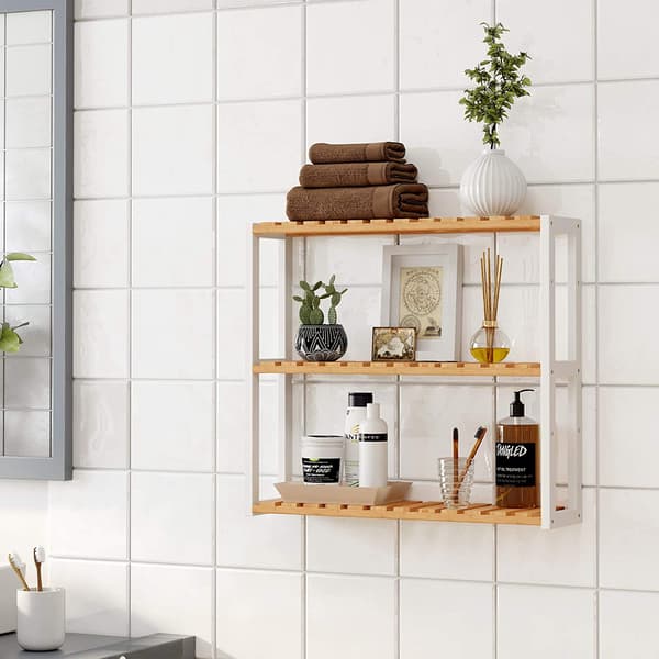 Väggställ i bambu, justerbart, 3 lager, beige/vit, 60 x 15 x 54 cm