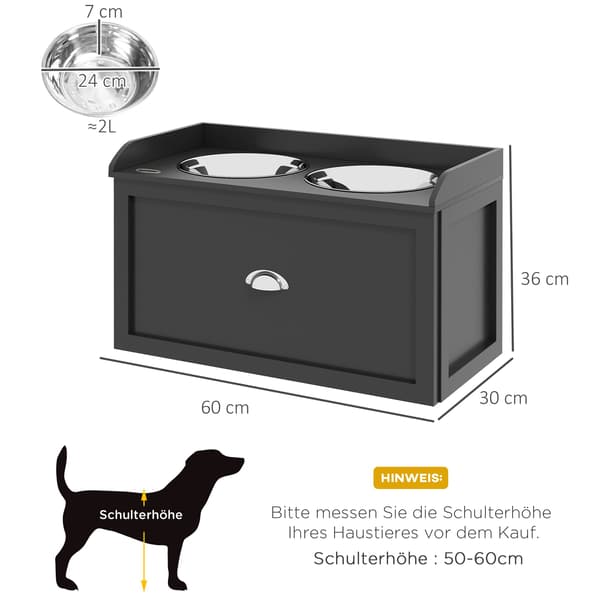 Foderstation til store hunde med 2 skåle og skuffe i rustfrit stål | Farve: Sort | Mål: 60x30x36 cm