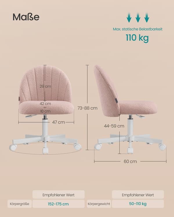 Fleecestol med polstring | Pastel pink | 60x60x73-88 cm