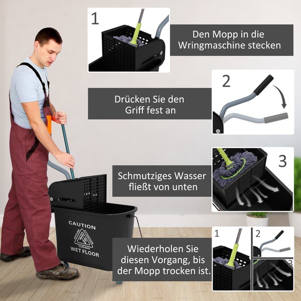 Moppespand med vrider, 20 liter | Farve: Sort | Mål: 27x60x70,5 cm
