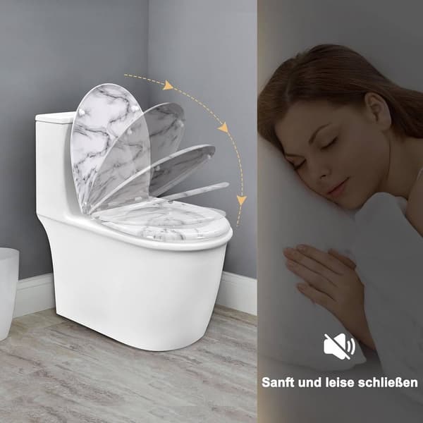 Toiletsæde med soft close og quick release O-form | Hvid marmor mønster