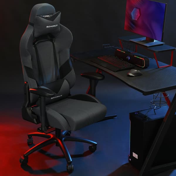 Pelituoli ristiselän pehmusteella – ergonominen PC-tuoli – polyesteri – harmaa/musta