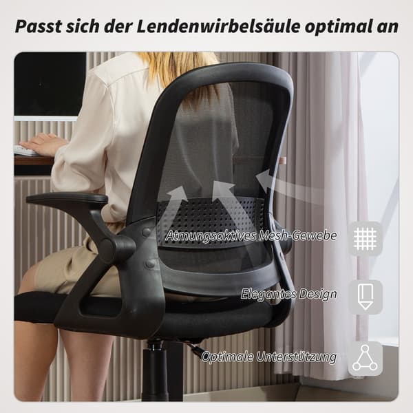 Mesh kontorstol med foldbare armlæn | Farve: Sort | Mål: 57,5x60x91-101 cm