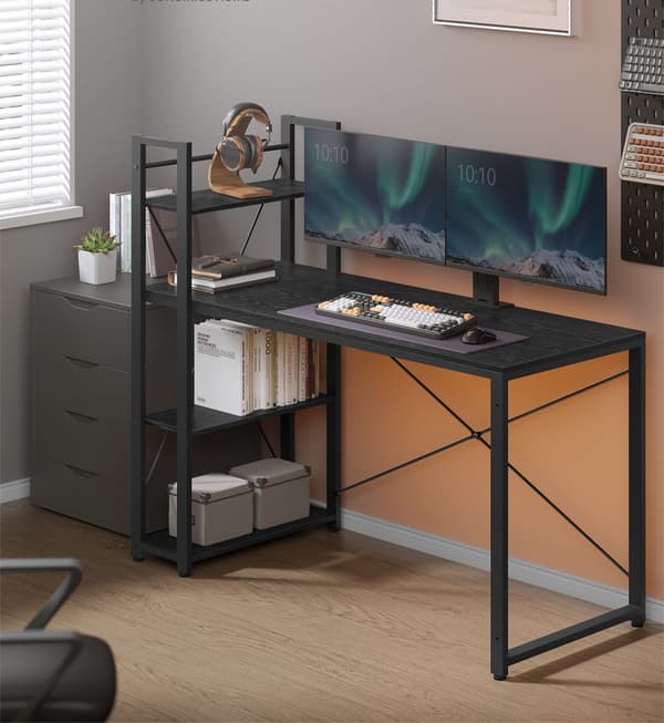 Computerbord med hylder - sort - spånplade og stål - 56 x 137 x 120 cm - nem montering