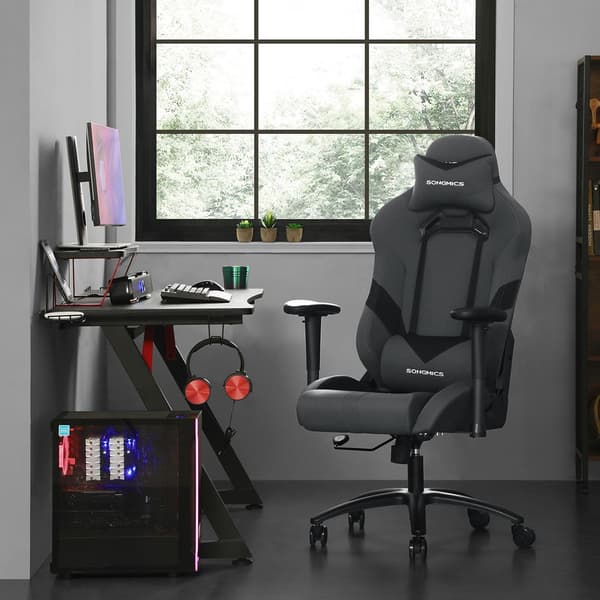 Pelituoli ristiselän pehmusteella – ergonominen PC-tuoli – polyesteri – harmaa/musta